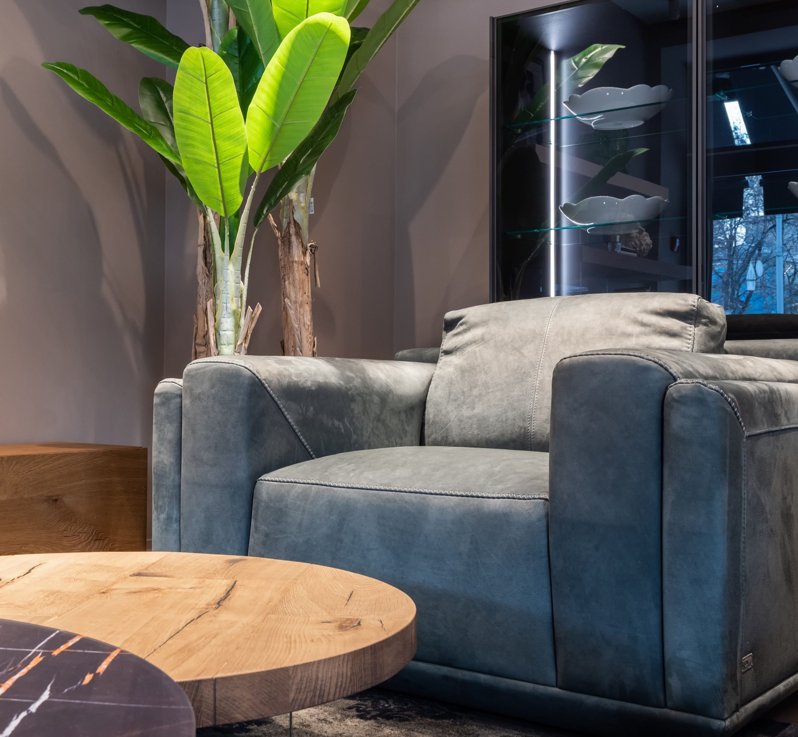 Fauteuil gris confortable salon cosy plantes